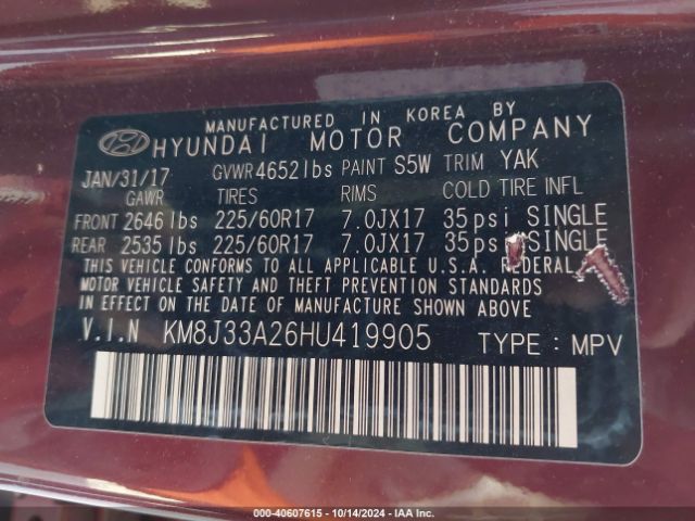 Photo 8 VIN: KM8J33A26HU419905 - HYUNDAI TUCSON 