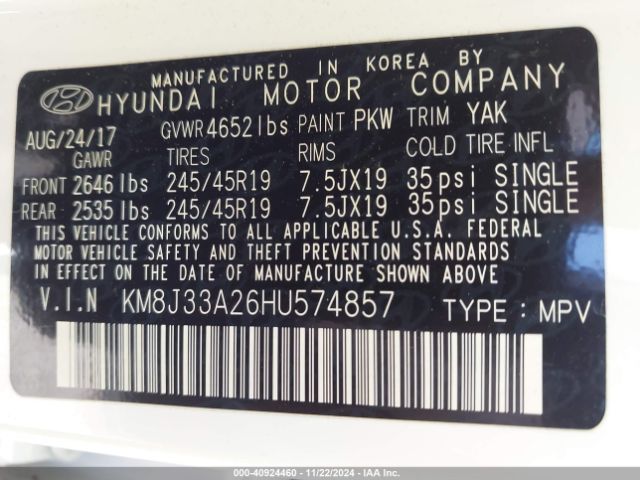 Photo 8 VIN: KM8J33A26HU574857 - HYUNDAI TUCSON 