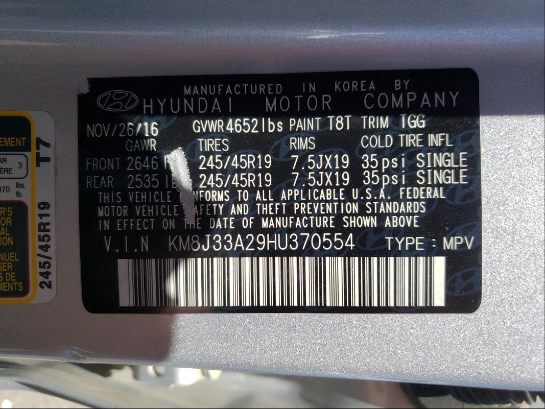 Photo 9 VIN: KM8J33A29HU370554 - HYUNDAI TUCSON LIM 