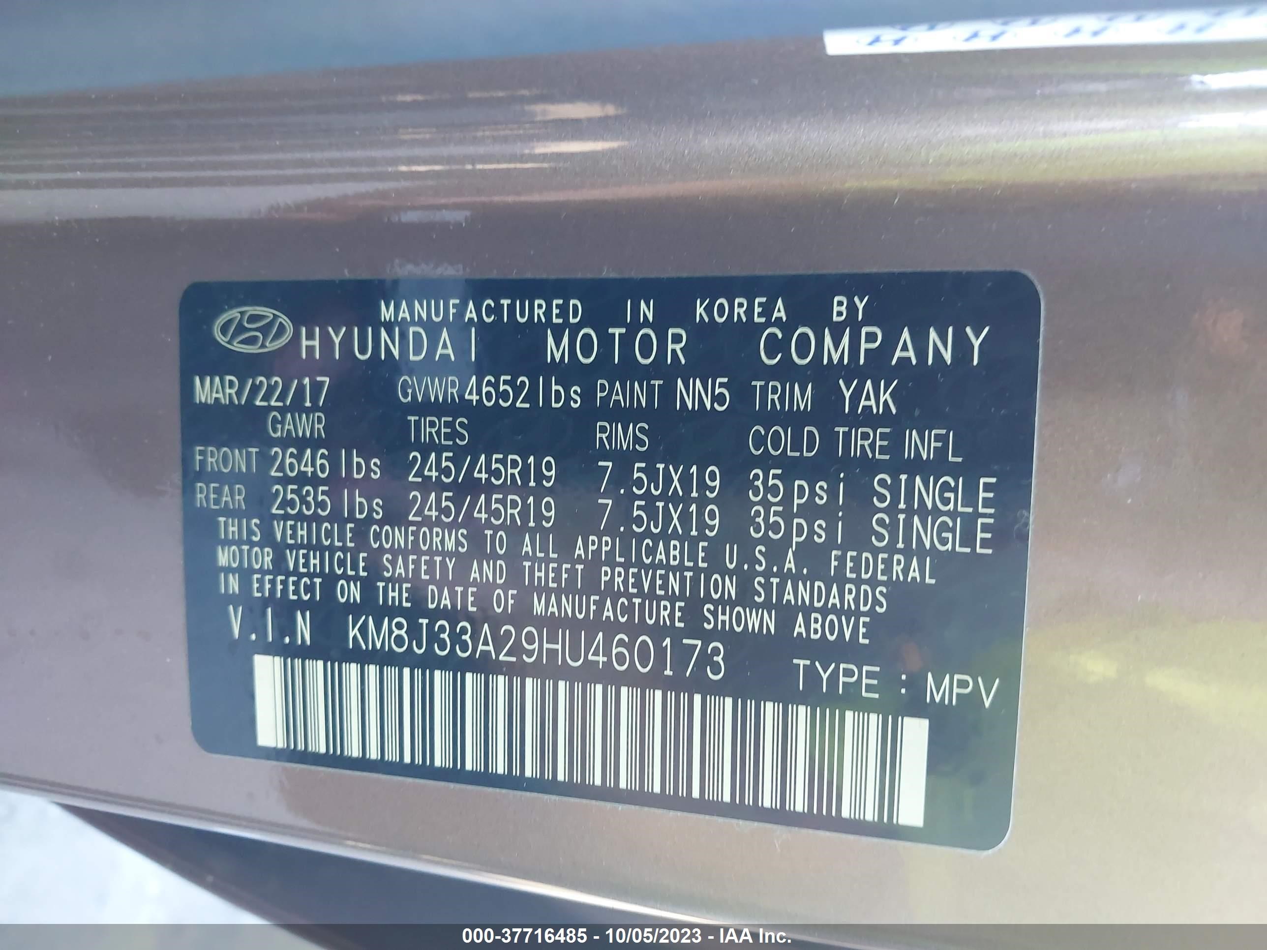 Photo 8 VIN: KM8J33A29HU460173 - HYUNDAI TUCSON 