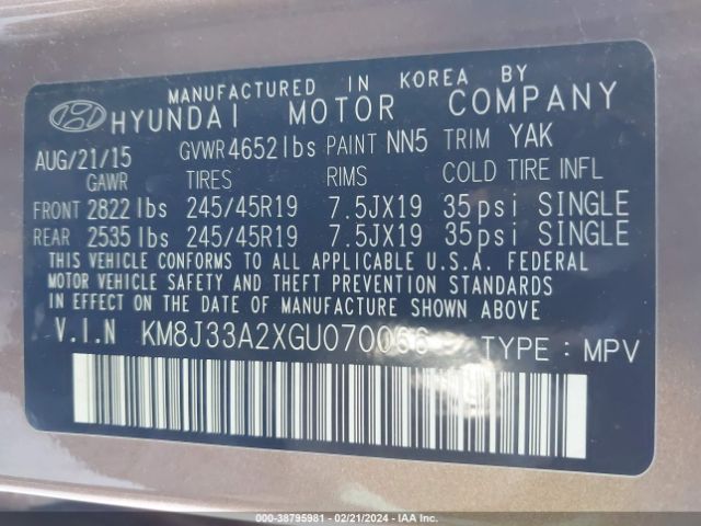 Photo 8 VIN: KM8J33A2XGU070066 - HYUNDAI TUCSON 