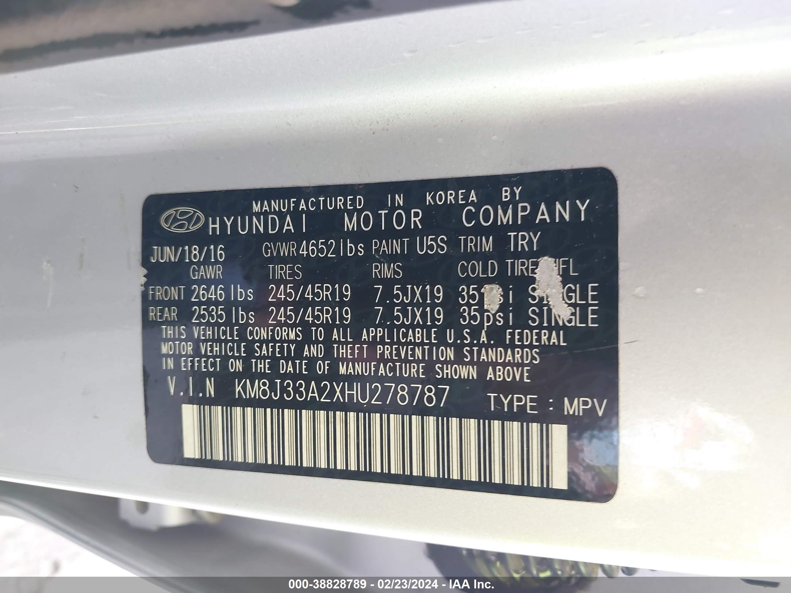 Photo 8 VIN: KM8J33A2XHU278787 - HYUNDAI TUCSON 