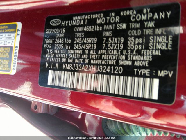 Photo 8 VIN: KM8J33A2XHU324120 - HYUNDAI TUCSON 