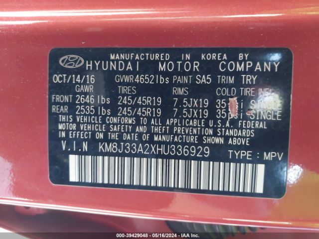 Photo 8 VIN: KM8J33A2XHU336929 - HYUNDAI TUCSON 