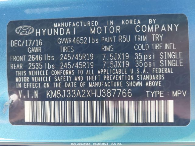 Photo 8 VIN: KM8J33A2XHU387766 - HYUNDAI TUCSON 