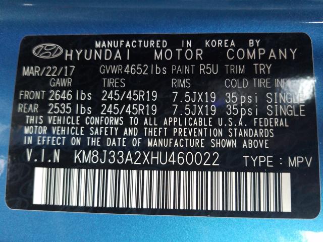 Photo 9 VIN: KM8J33A2XHU460022 - HYUNDAI TUCSON LIM 