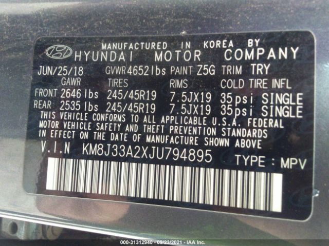 Photo 8 VIN: KM8J33A2XJU794895 - HYUNDAI TUCSON 