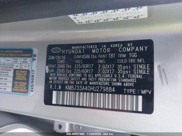 Photo 8 VIN: KM8J33A40HU279884 - HYUNDAI TUCSON 