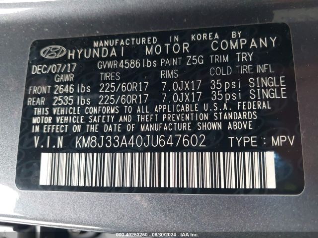 Photo 8 VIN: KM8J33A40JU647602 - HYUNDAI TUCSON 