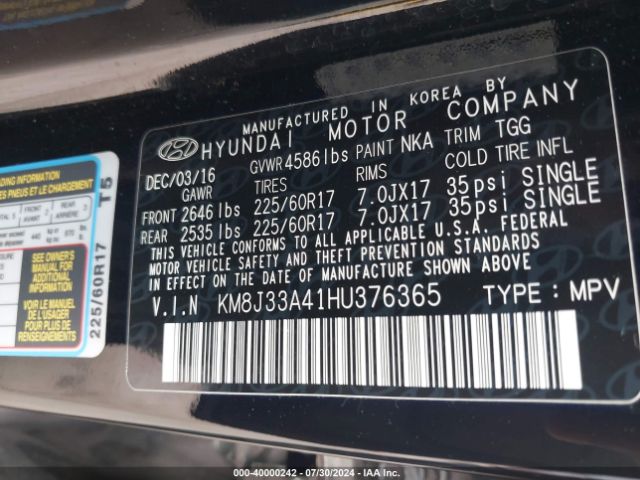 Photo 8 VIN: KM8J33A41HU376365 - HYUNDAI TUCSON 