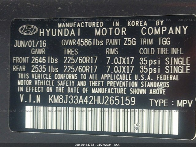 Photo 8 VIN: KM8J33A42HU265159 - HYUNDAI TUCSON 