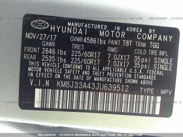 Photo 8 VIN: KM8J33A43JU639512 - HYUNDAI TUCSON 