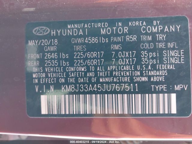 Photo 8 VIN: KM8J33A45JU767511 - HYUNDAI TUCSON 