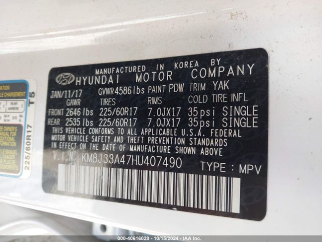 Photo 8 VIN: KM8J33A47HU407490 - HYUNDAI TUCSON 