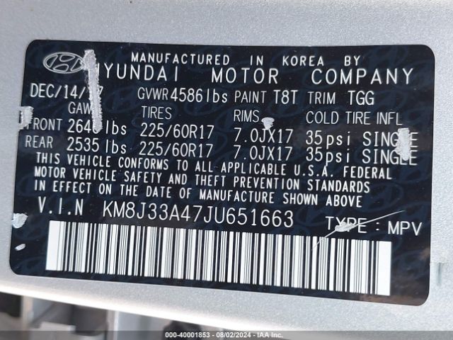 Photo 8 VIN: KM8J33A47JU651663 - HYUNDAI TUCSON 