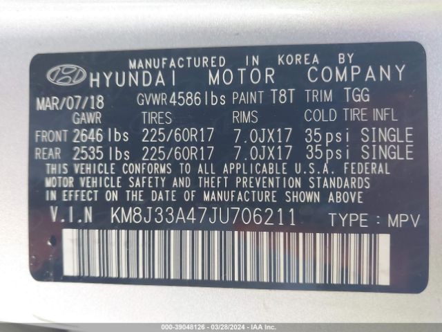 Photo 8 VIN: KM8J33A47JU706211 - HYUNDAI TUCSON 