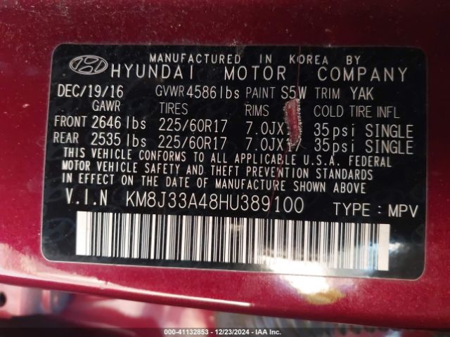 Photo 8 VIN: KM8J33A48HU389100 - HYUNDAI TUCSON 