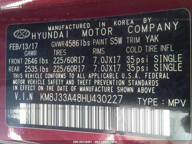 Photo 8 VIN: KM8J33A48HU430227 - HYUNDAI TUCSON 