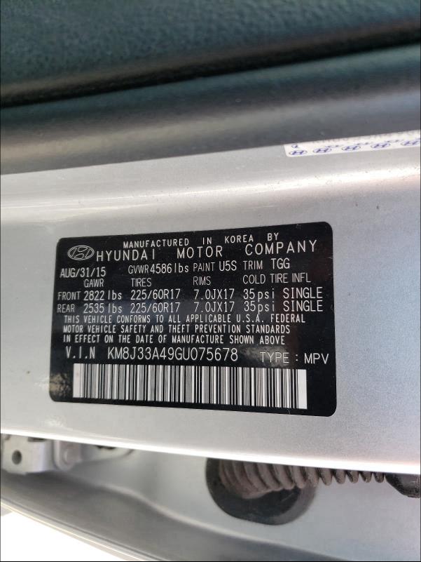 Photo 9 VIN: KM8J33A49GU075678 - HYUNDAI TUCSON LIM 