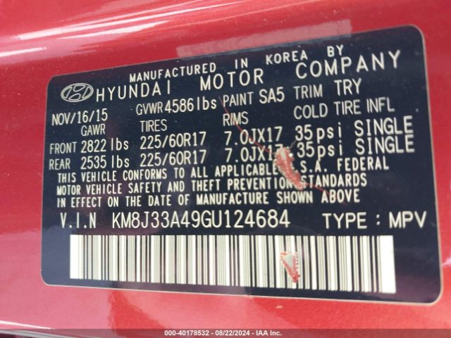 Photo 8 VIN: KM8J33A49GU124684 - HYUNDAI TUCSON 