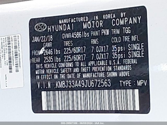 Photo 8 VIN: KM8J33A49JU672563 - HYUNDAI TUCSON 