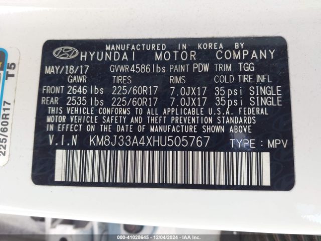 Photo 8 VIN: KM8J33A4XHU505767 - HYUNDAI TUCSON 