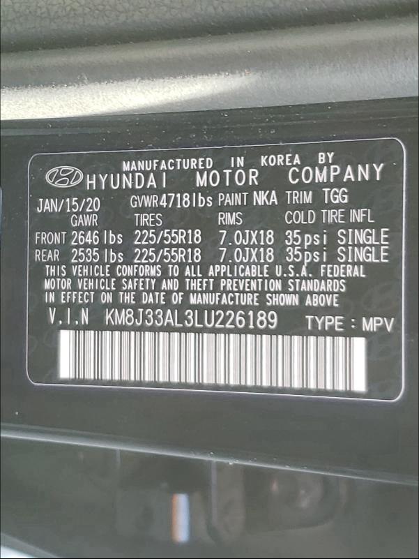 Photo 9 VIN: KM8J33AL3LU226189 - HYUNDAI TUCSON LIM 