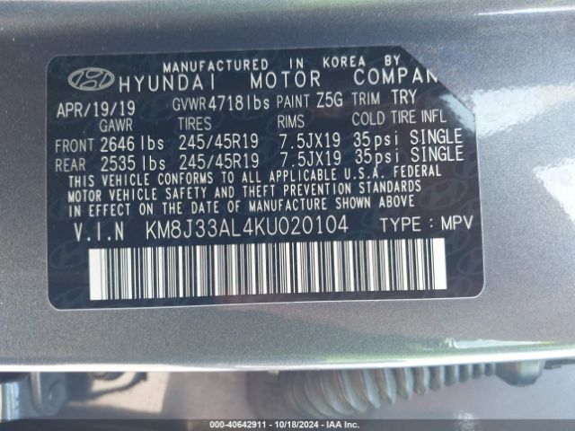 Photo 8 VIN: KM8J33AL4KU020104 - HYUNDAI TUCSON 