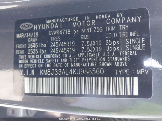 Photo 8 VIN: KM8J33AL4KU988560 - HYUNDAI TUCSON 