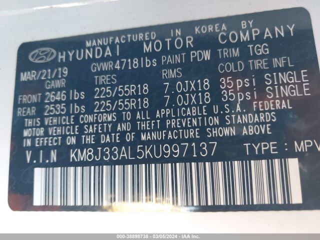 Photo 8 VIN: KM8J33AL5KU997137 - HYUNDAI TUCSON 