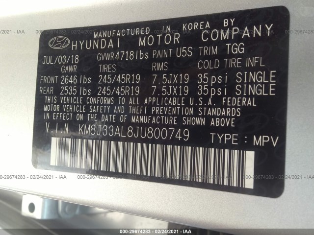 Photo 8 VIN: KM8J33AL8JU800749 - HYUNDAI TUCSON 