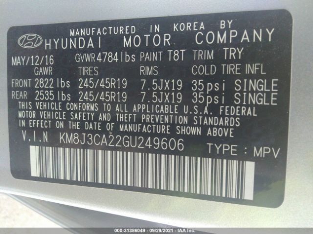 Photo 8 VIN: KM8J3CA22GU249606 - HYUNDAI TUCSON 