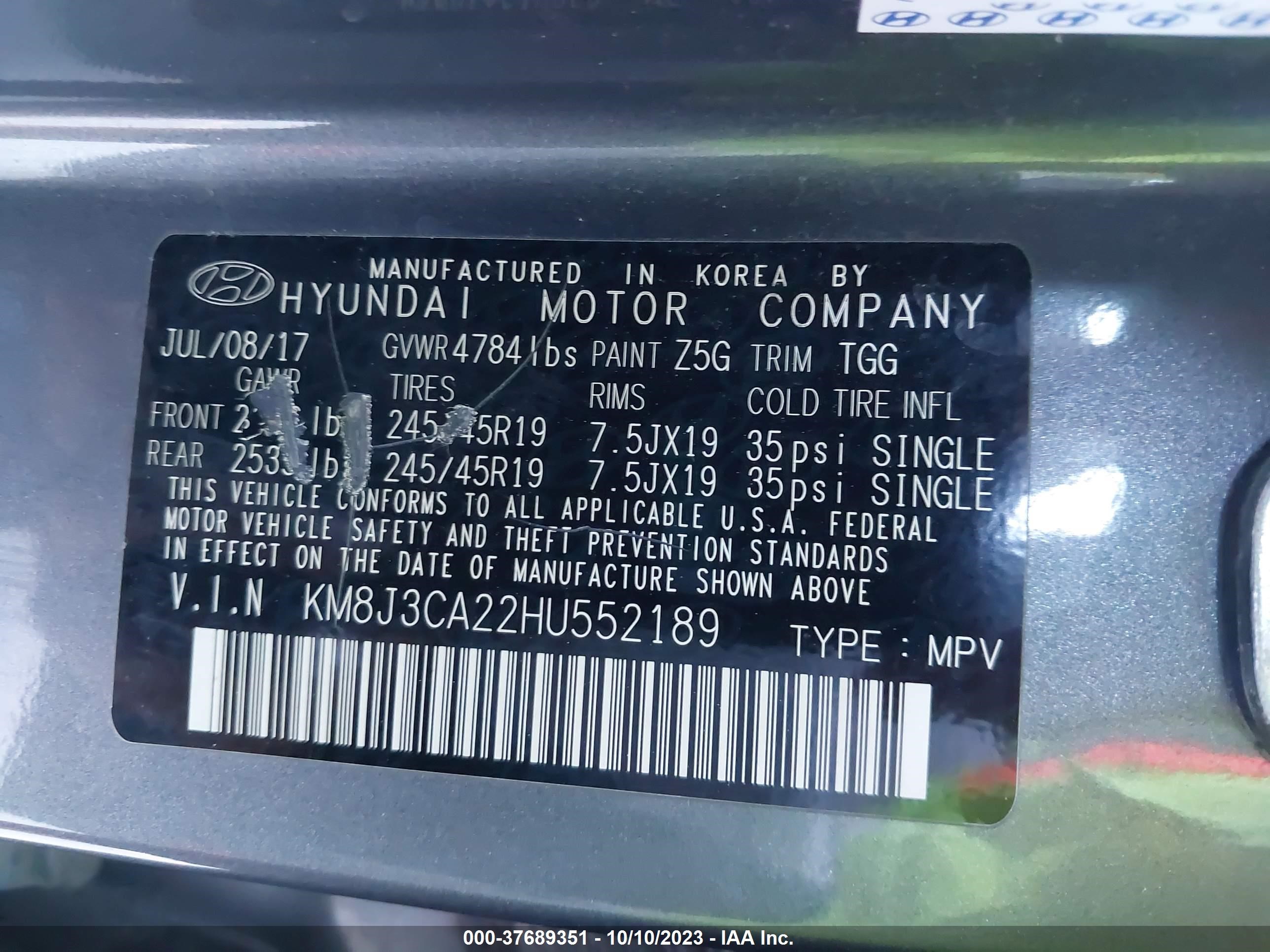 Photo 8 VIN: KM8J3CA22HU552189 - HYUNDAI TUCSON 