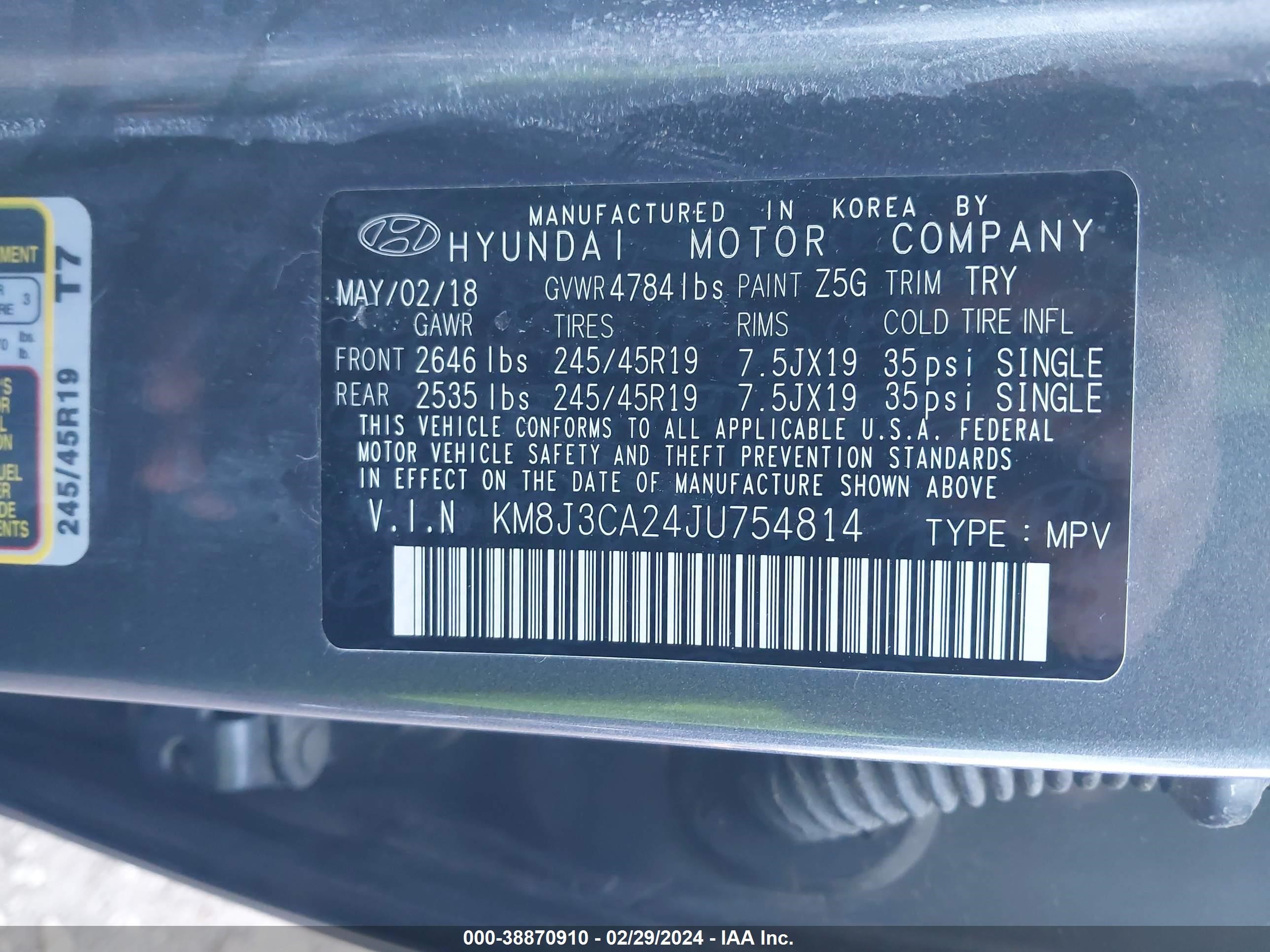 Photo 8 VIN: KM8J3CA24JU754814 - HYUNDAI TUCSON 