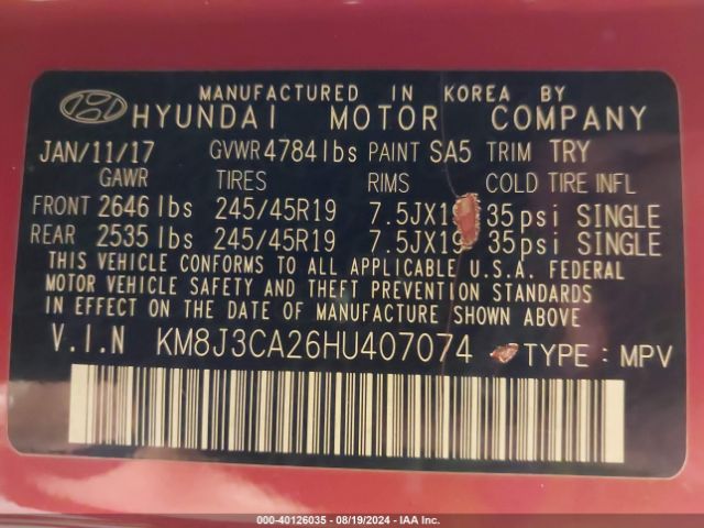 Photo 8 VIN: KM8J3CA26HU407074 - HYUNDAI TUCSON 