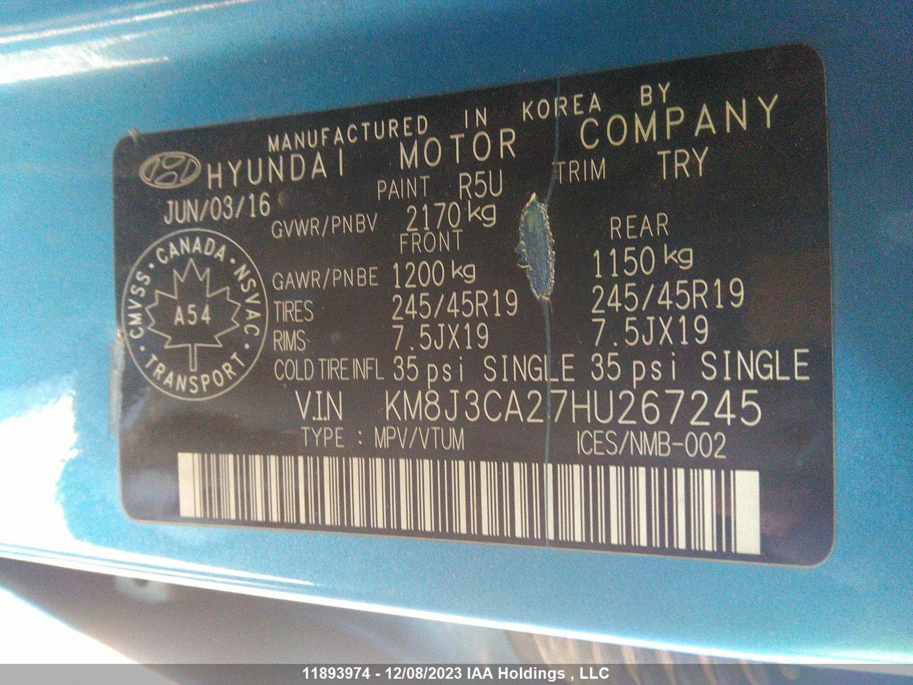 Photo 8 VIN: KM8J3CA27HU267245 - HYUNDAI TUCSON 