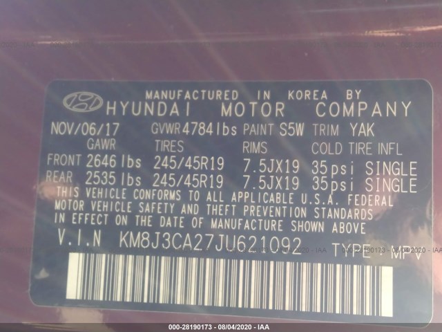 Photo 8 VIN: KM8J3CA27JU621092 - HYUNDAI TUCSON 