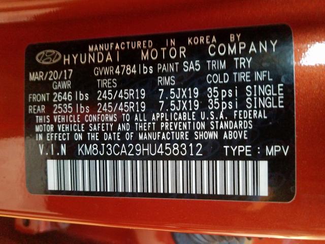 Photo 9 VIN: KM8J3CA29HU458312 - HYUNDAI TUCSON LIM 