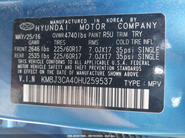 Photo 8 VIN: KM8J3CA40HU259537 - HYUNDAI TUCSON 