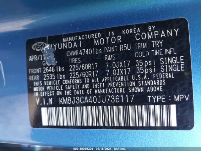 Photo 8 VIN: KM8J3CA40JU736117 - HYUNDAI TUCSON 