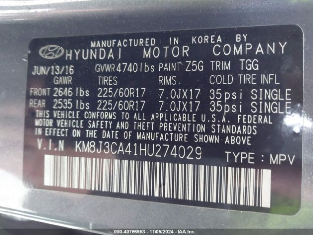 Photo 8 VIN: KM8J3CA41HU274029 - HYUNDAI TUCSON 