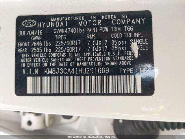 Photo 8 VIN: KM8J3CA41HU291669 - HYUNDAI TUCSON 