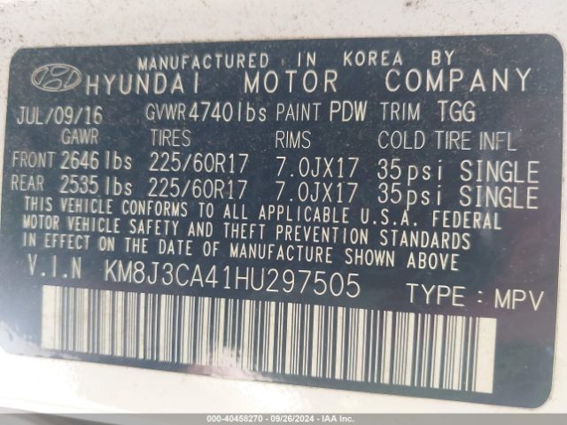 Photo 8 VIN: KM8J3CA41HU297505 - HYUNDAI TUCSON 