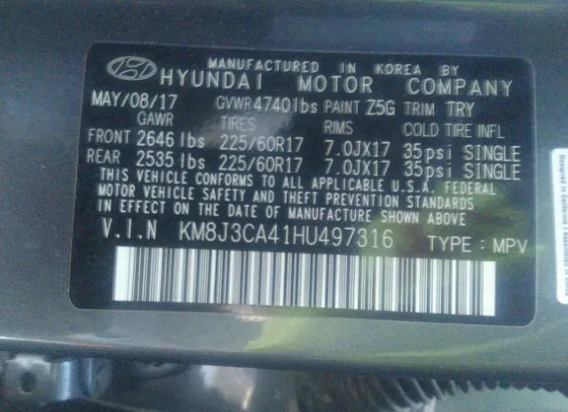 Photo 8 VIN: KM8J3CA41HU497316 - HYUNDAI TUCSON 