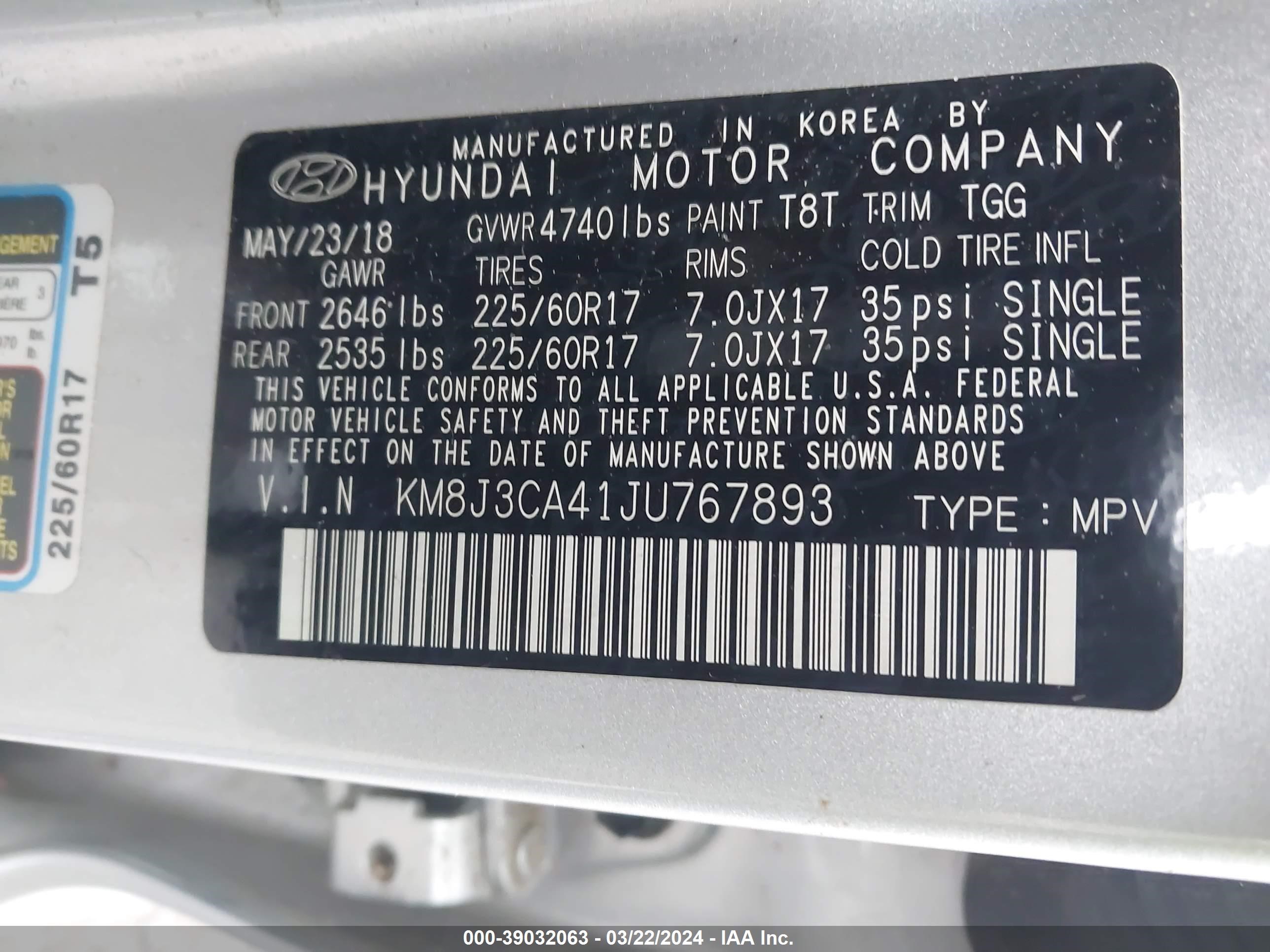 Photo 8 VIN: KM8J3CA41JU767893 - HYUNDAI TUCSON 