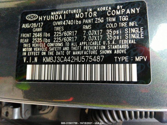 Photo 8 VIN: KM8J3CA42HU575487 - HYUNDAI TUCSON 