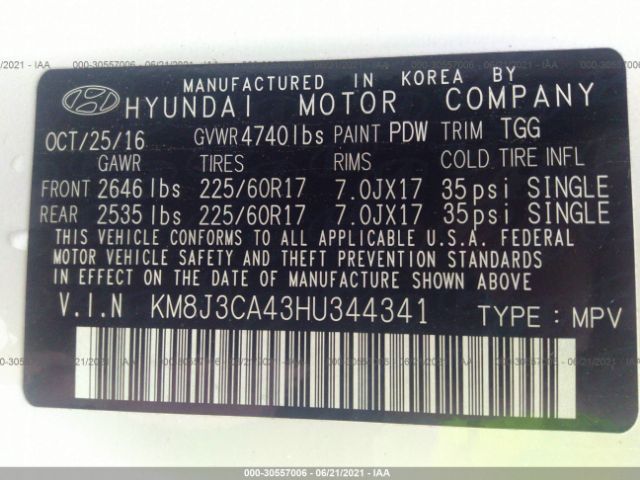 Photo 8 VIN: KM8J3CA43HU344341 - HYUNDAI TUCSON 