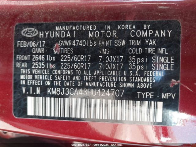 Photo 8 VIN: KM8J3CA43HU424707 - HYUNDAI TUCSON 