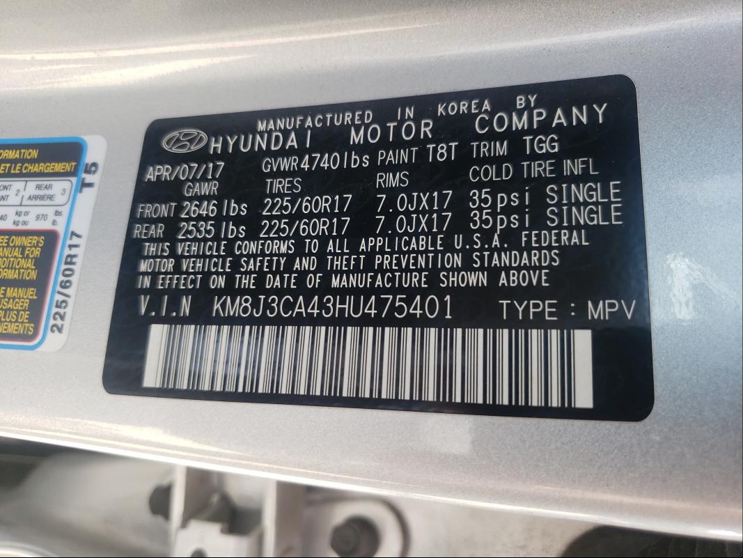 Photo 9 VIN: KM8J3CA43HU475401 - HYUNDAI TUCSON LIM 