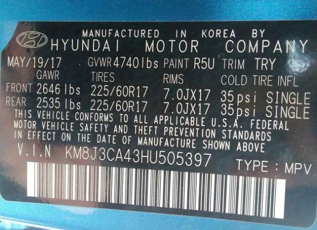 Photo 8 VIN: KM8J3CA43HU505397 - HYUNDAI TUCSON 